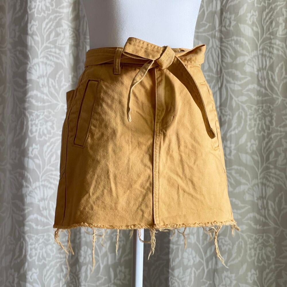 Pacsun Yellow Denim Tie Waist Raw Hem Boho Festival Mini Skirt‎ Size 23"